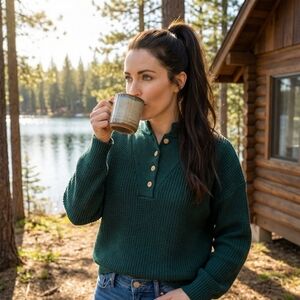 Red Head Vintage 80's Womens XL Henley Chunky Knit Sweater Cotton Green USA Made